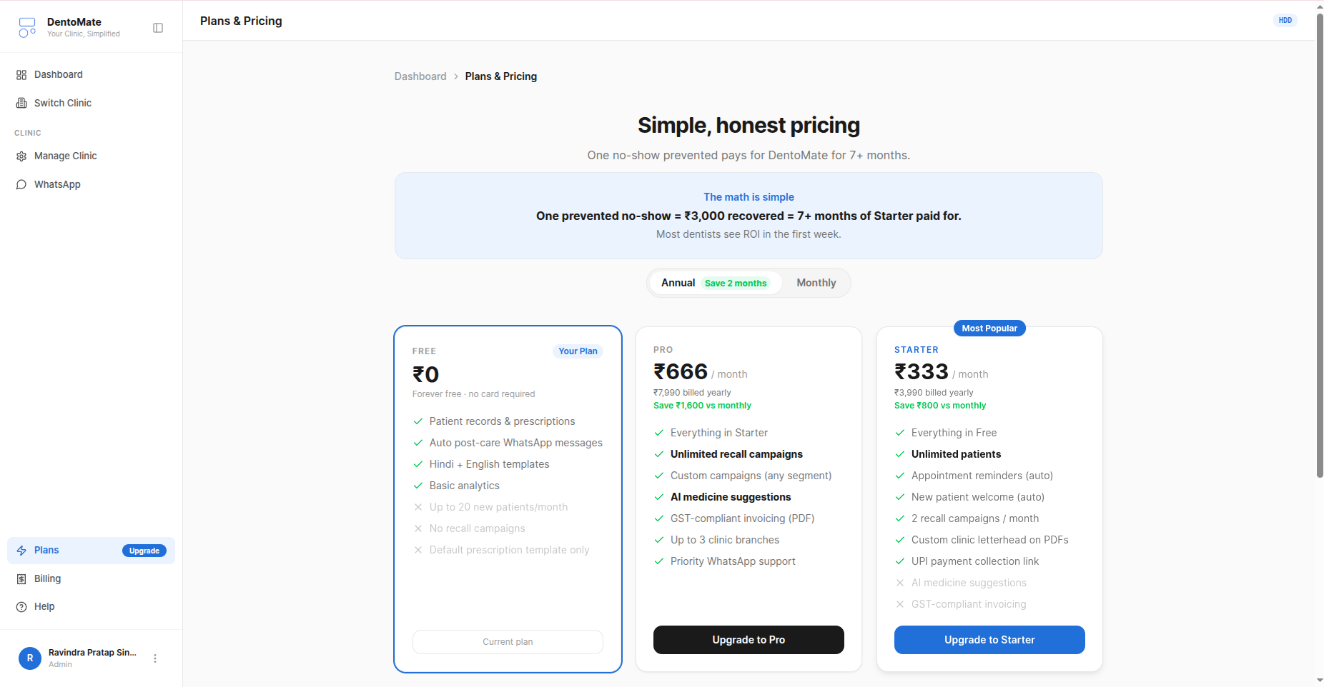 Dentomate pricing — Free, Starter and Pro plans