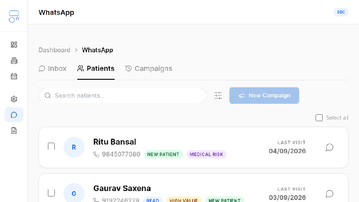 The Dentomate WhatsApp hub showing the patient list with segment tags and the New Campaign button
