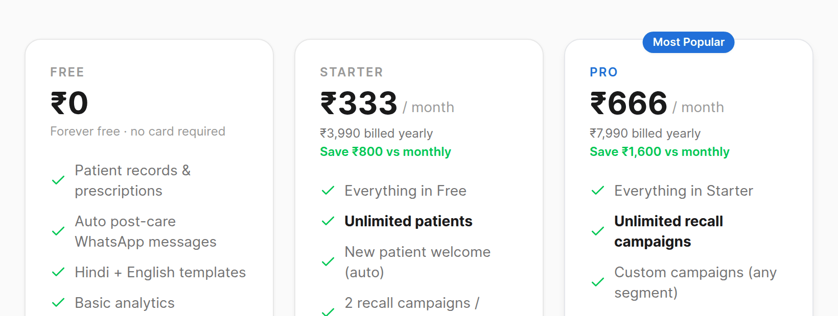 Dentomate plans billed yearly: Free at ₹0, Pro at ₹666 a month, Starter at ₹333 a month
