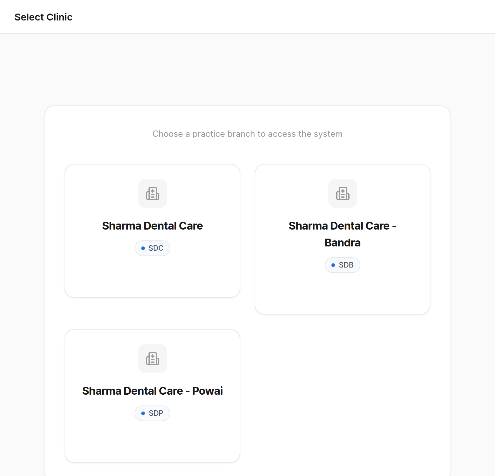 Branch picker showing three Sharma Dental Care locations: SDC, Bandra and Powai