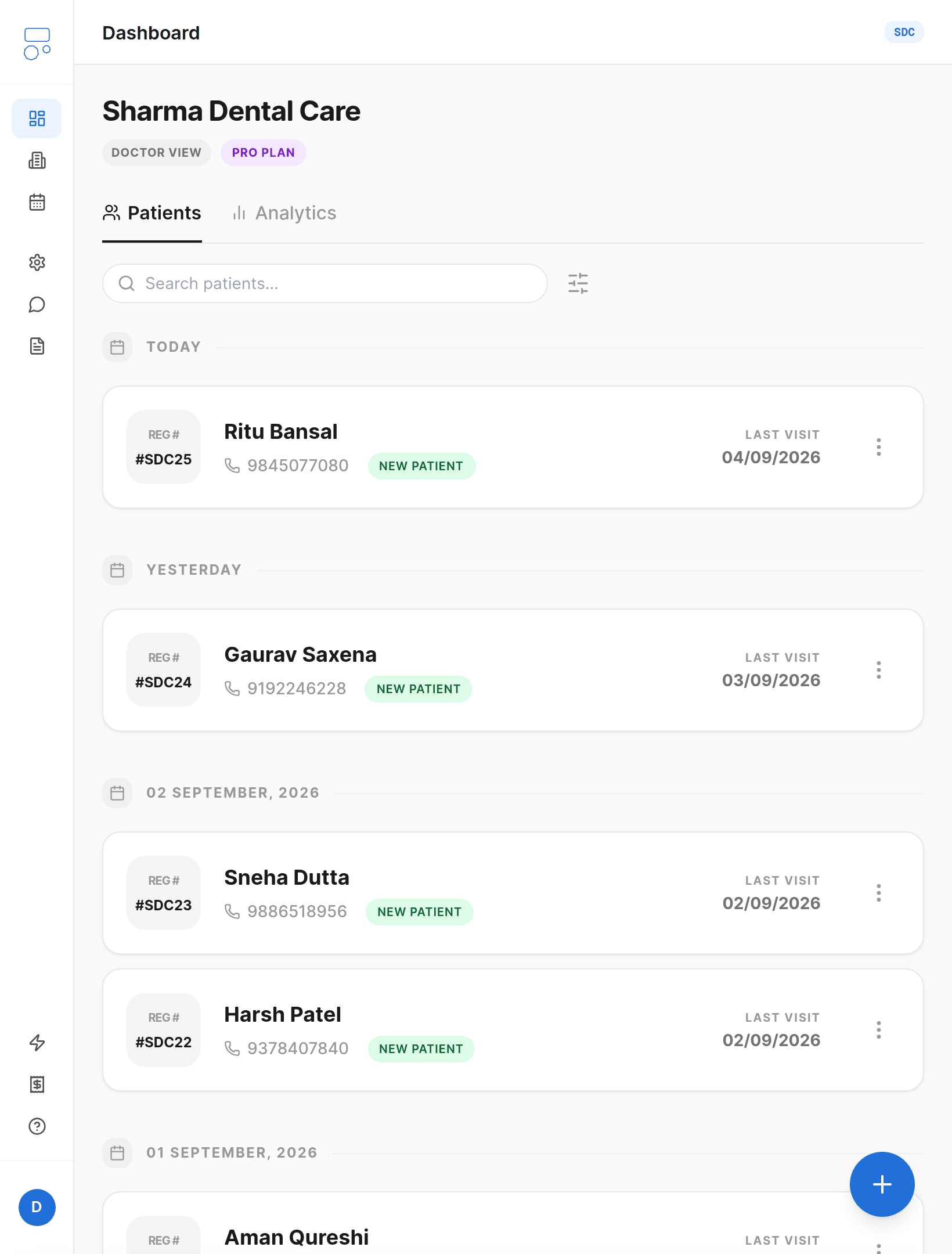 Patient records list, every patient searchable in one place