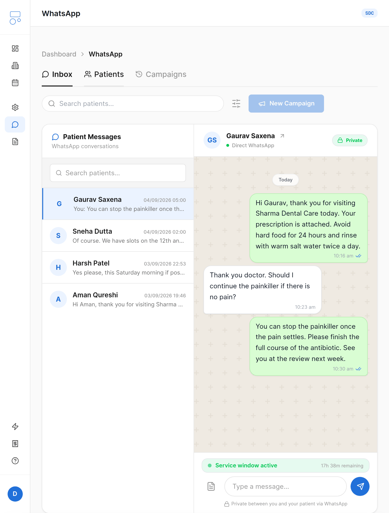 WhatsApp conversation with a patient after their visit, post-care advice sent from the clinic