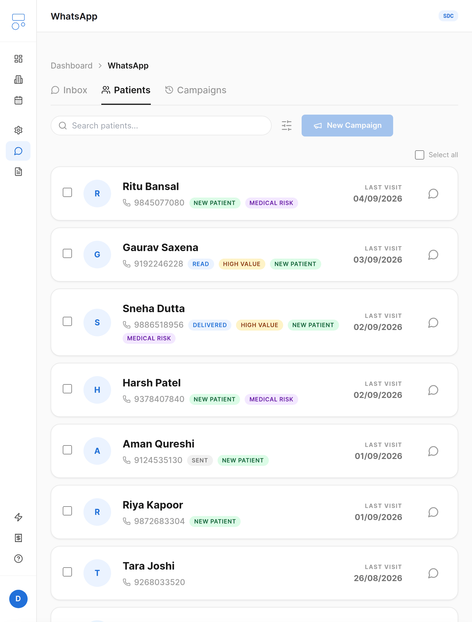 Patient list grouped into recall segments, ready to message